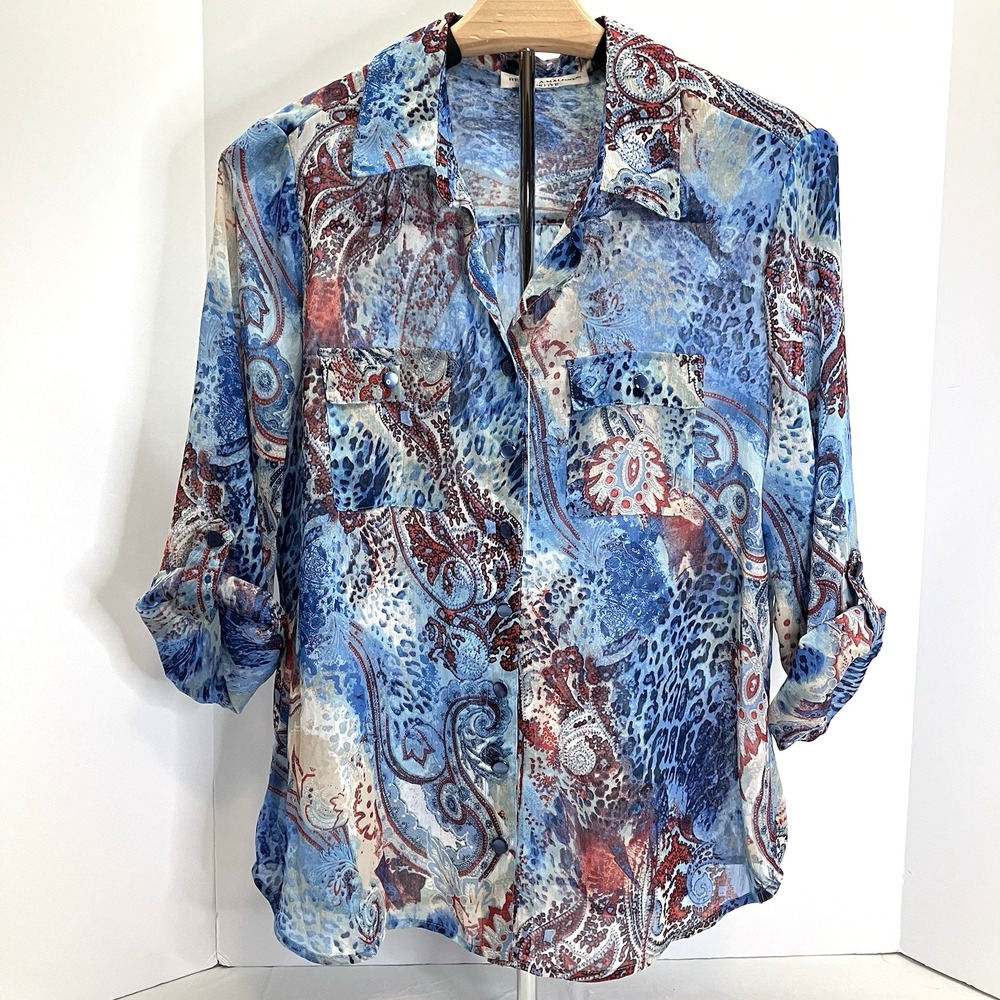 Rebecca Malone Womens Blue Paisley Floral Semi Sheer 3/4 Roll Tab Slv Shirt PM